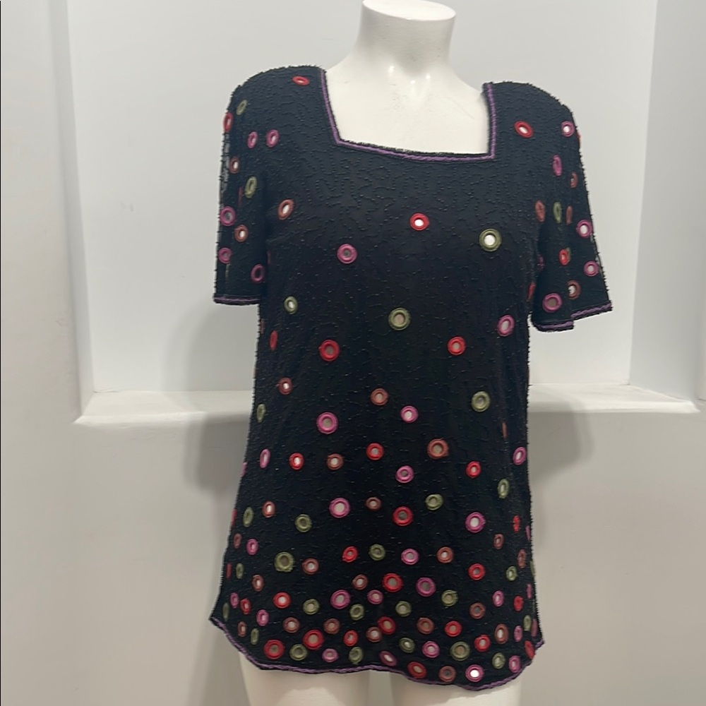 Beaded Drama Special Occasion VTG Short Sleeve Black Embellished Sequin Blouse